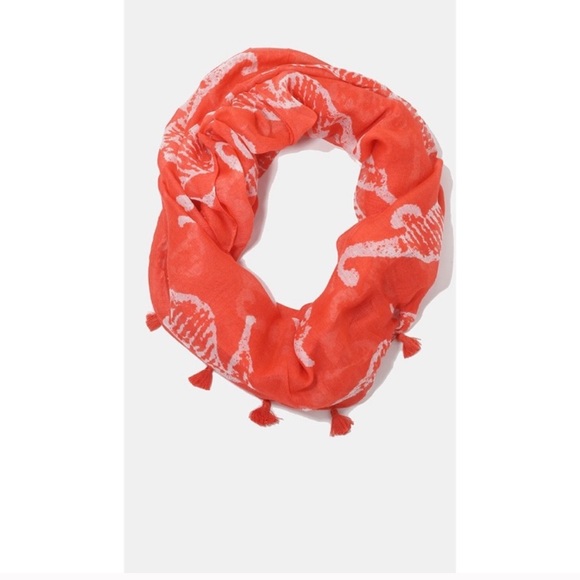 Accessories - Coral Seahorse Print Tassel Scarf